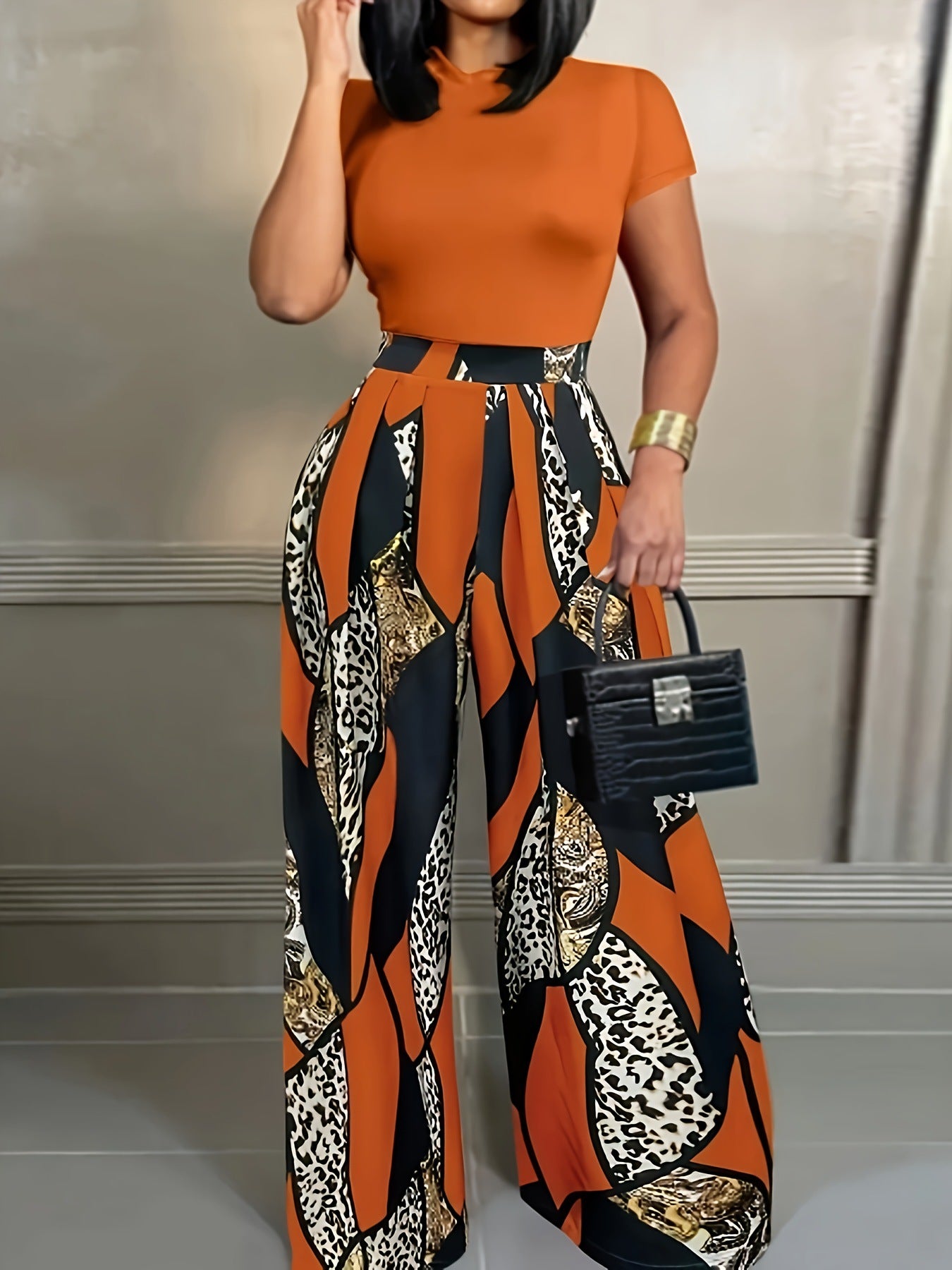 European And American-style Short-sleeve Slim-fit T-shirt And Elastic-waist Printed Wide-leg Pants Two-piece Set