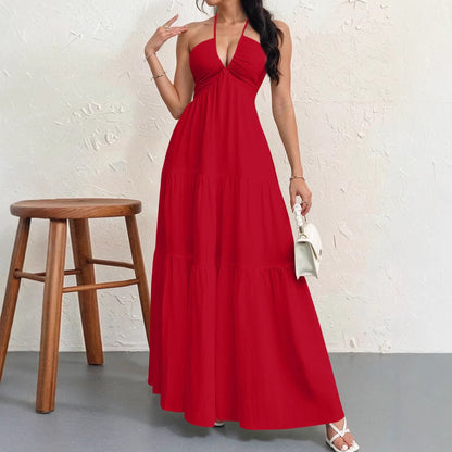 Backless Halterneck V-Neck Pleated A- Line Dress Women's Clothing One-Piece Dress Ankle-length Skirt For Beach Vacation Outfits