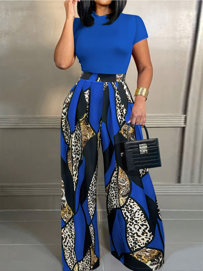 European And American-style Short-sleeve Slim-fit T-shirt And Elastic-waist Printed Wide-leg Pants Two-piece Set