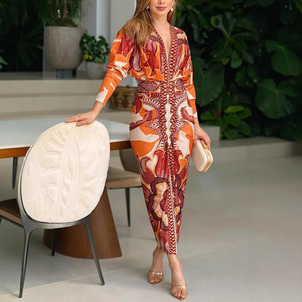 Fashion Personality Printed V-neck Dress Women