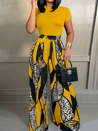 European And American-style Short-sleeve Slim-fit T-shirt And Elastic-waist Printed Wide-leg Pants Two-piece Set