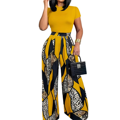European And American-style Short-sleeve Slim-fit T-shirt And Elastic-waist Printed Wide-leg Pants Two-piece Set