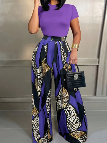 European And American-style Short-sleeve Slim-fit T-shirt And Elastic-waist Printed Wide-leg Pants Two-piece Set