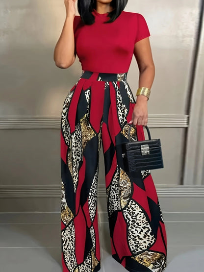 European And American-style Short-sleeve Slim-fit T-shirt And Elastic-waist Printed Wide-leg Pants Two-piece Set