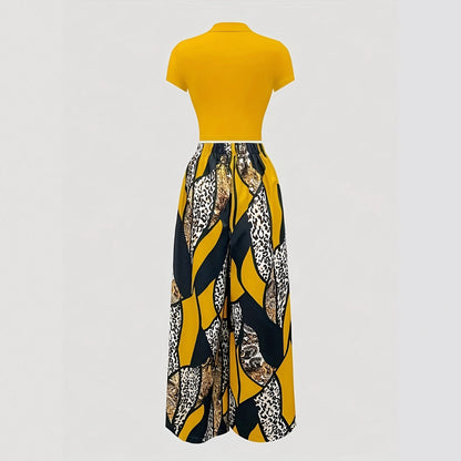 European And American-style Short-sleeve Slim-fit T-shirt And Elastic-waist Printed Wide-leg Pants Two-piece Set
