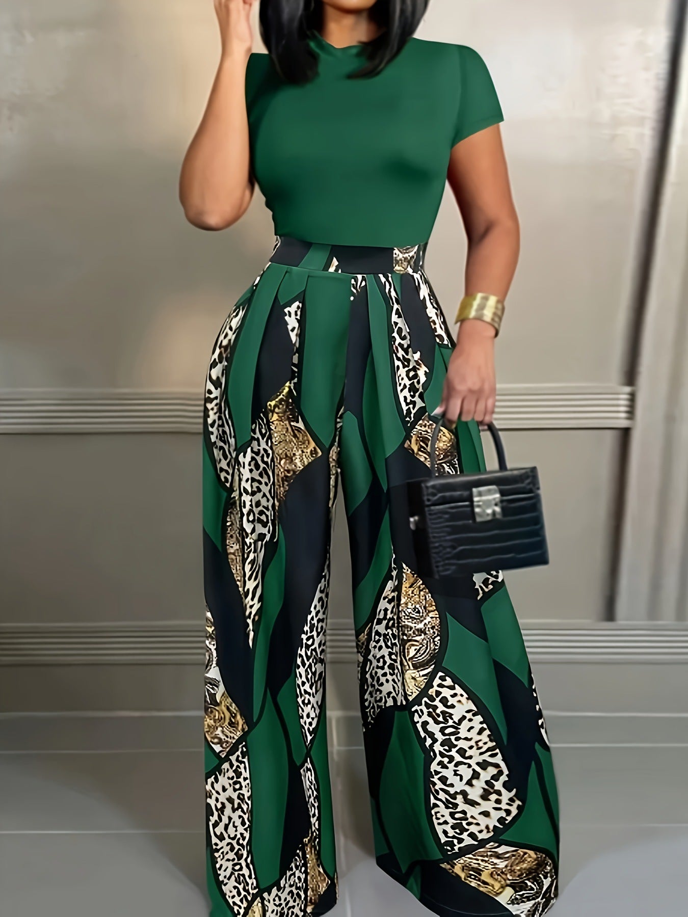European And American-style Short-sleeve Slim-fit T-shirt And Elastic-waist Printed Wide-leg Pants Two-piece Set