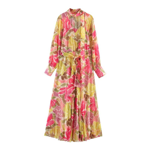 European And American Womens Loose-fitting Fashionable Floral-print V-neck Dress